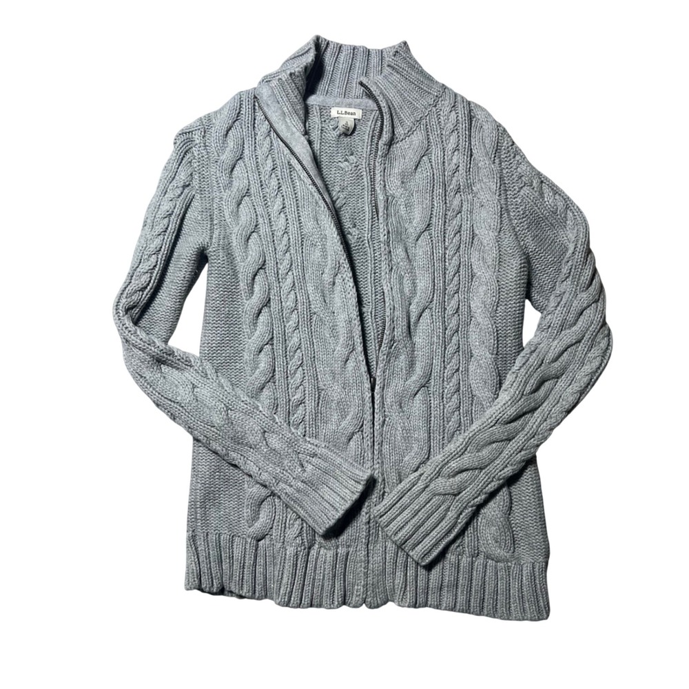 LL Bean Womens Small Gray Cable Knit Full Zip Mock Neck Cardigan Sweater Cotton